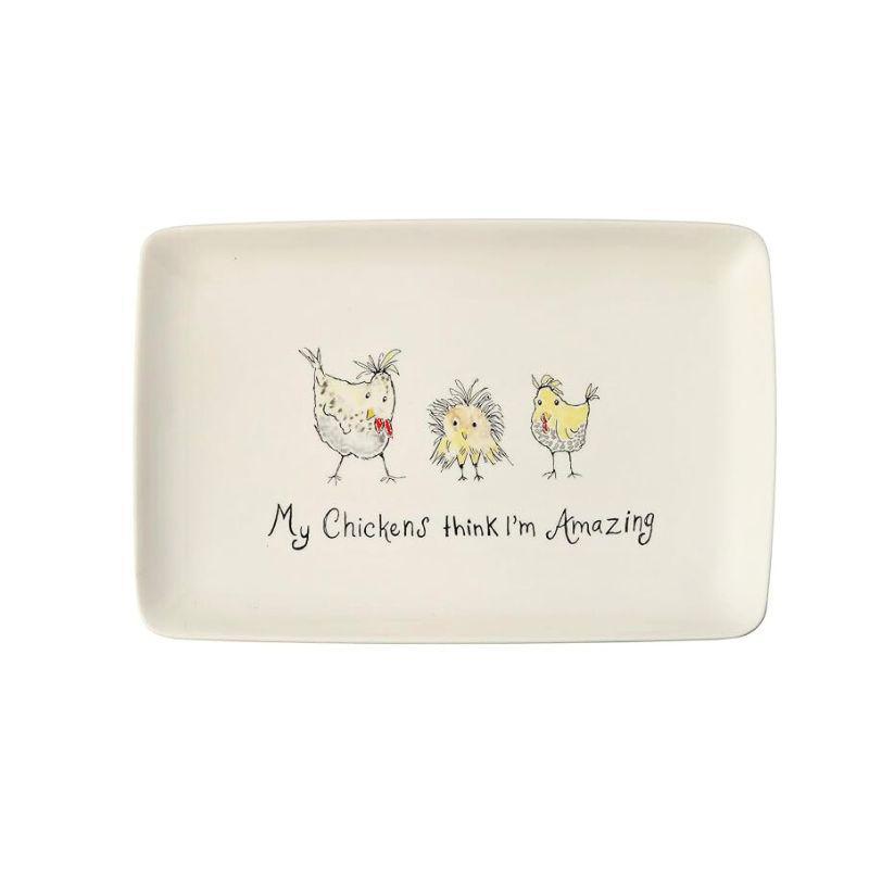 Rectangular ceramic tray with illustrations of chickens and text on a white background