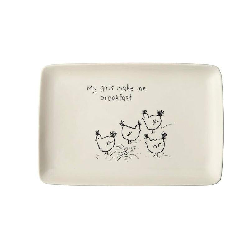 Rectangular ceramic plate with chicken illustrations and text on a white background