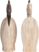 Two wooden duck sculptures on a white background
