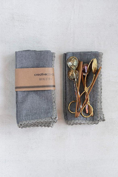 Creative Co-op Cotton Lace Napkins, Charcoal – Set of 4
