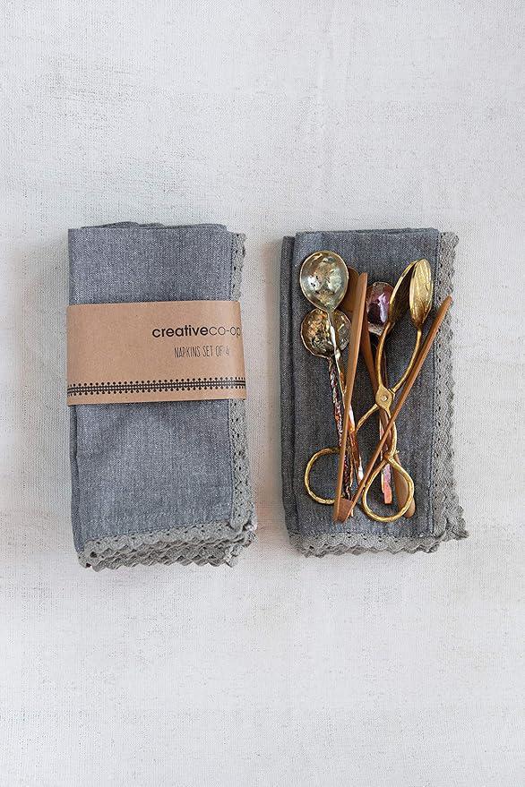 Creative Co-op Cotton Lace Napkins, Charcoal – Set of 4