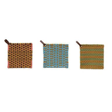 Crocheted Cotton Pot Holder with Leather Loop – 3 Styles (8")