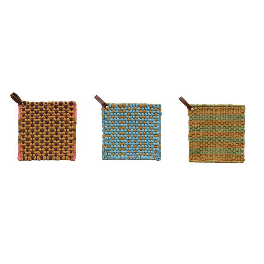 Crocheted Cotton Pot Holder with Leather Loop – 3 Styles (8")