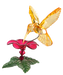 Glass hummingbird figurine on a pink flower with green leaves on a white background
