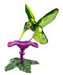 Decorative glass hummingbird feeder with green glass hummingbird and pink feeder on a white background
