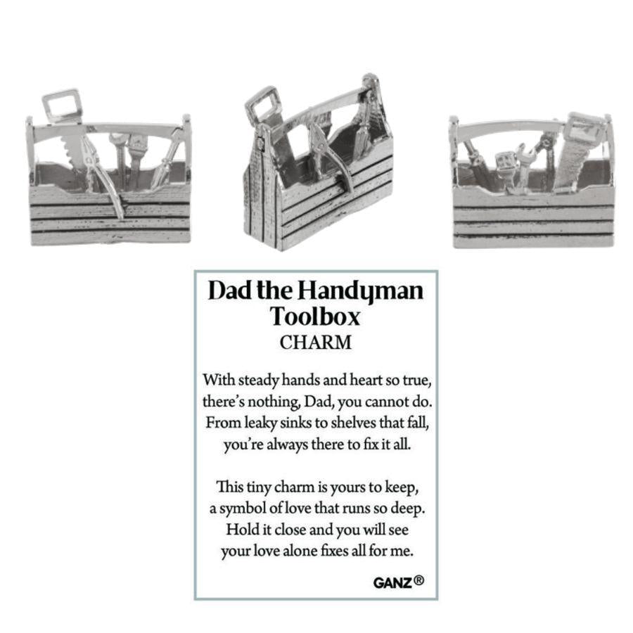Advertisement for 'Dad the Handyman Toolbox Charm' with text and images of a toolbox.