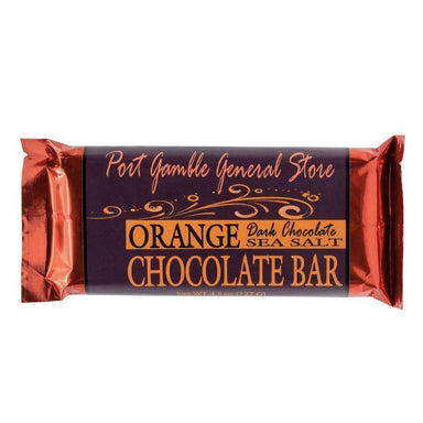 Orange chocolate bar with 'Port Gamble General Store' packaging on a white background