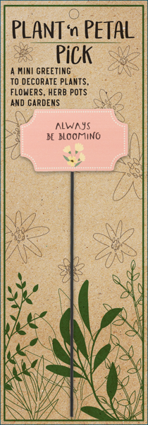 Decorative plant stake with pink sign and floral design on a brown background