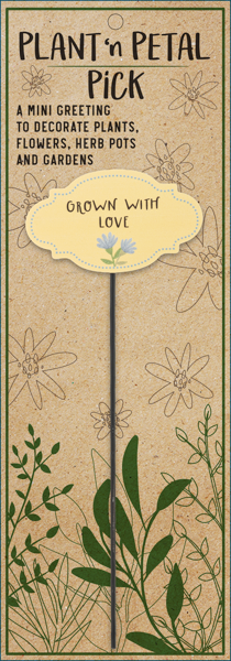 Decorative plant stake with a label on a brown background
