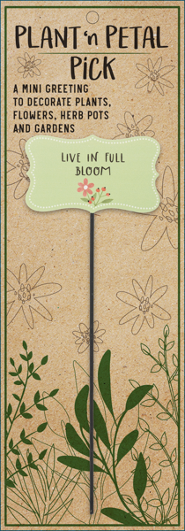 Decorative plant stake with a green label on a brown background with floral illustrations