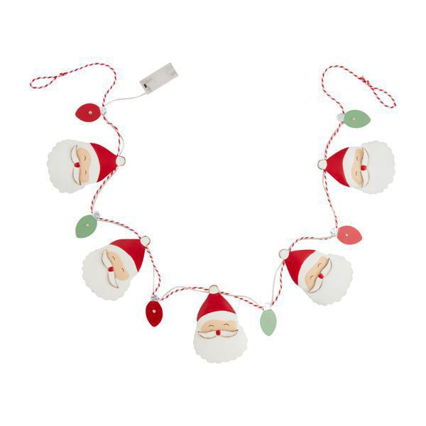 Decorative string with Santa Claus faces and red beads on a white background