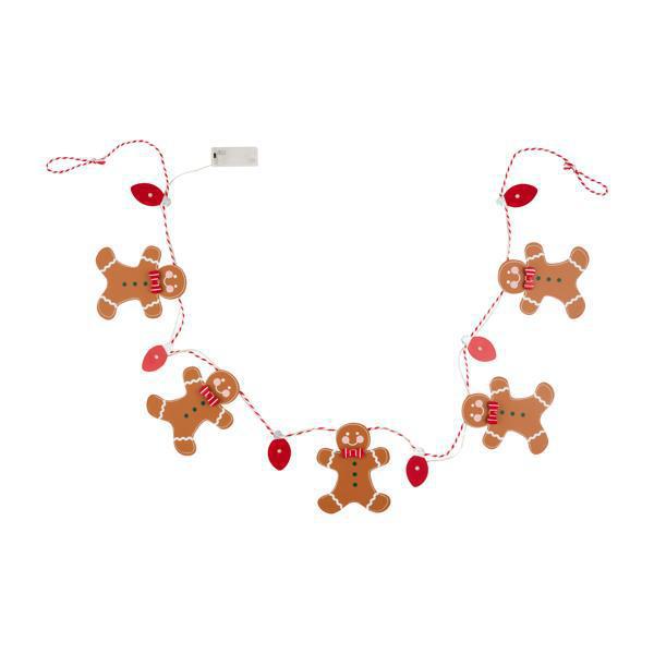 Decorative string with gingerbread man figures and red lights on a white background
