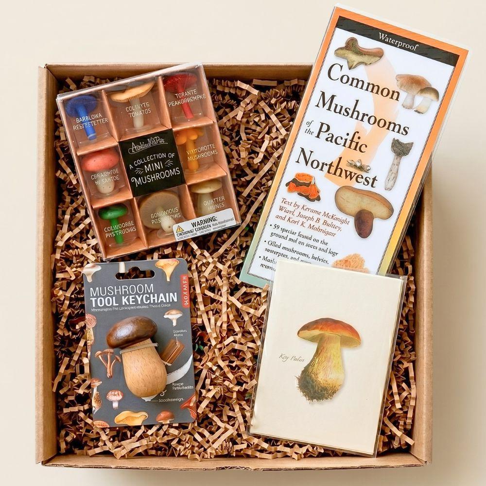 Box of mushroom-themed items including a keychain, cards, and a book on mushrooms.