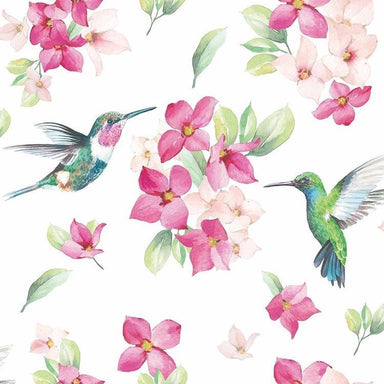 Pattern of pink flowers and green hummingbirds on a white background