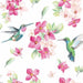 Pattern of pink flowers and green hummingbirds on a white background