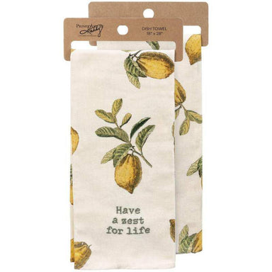Dish towel with lemon design and text 'Have a zest for life' in packaging