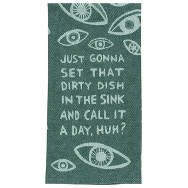 Teal towel with eye designs and humorous text on a white background