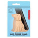 A Kikkerland Beechwood Dog Phone Stand in light natural wood, shown inside its blue retail packaging with a smartphone illustration.