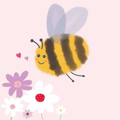 Cartoon bee with flowers on a pink background