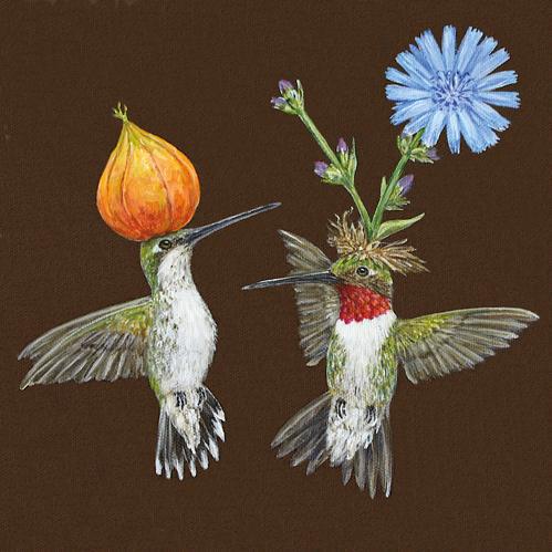 Two hummingbirds interacting with a flower and an orange fruit on a brown background