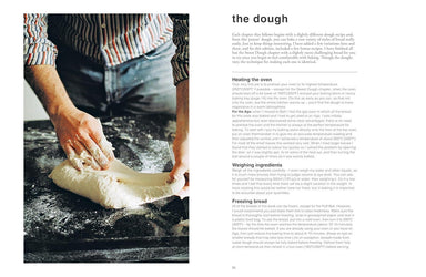 Bread-making process with hands kneading dough on a floured surface, accompanied by text on the right.