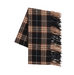 A folded plaid scarf with fringed ends, featuring a pattern of black, brown, and beige stripes, shown on a light gray background.