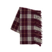 A folded plaid scarf in deep burgundy with cream and thin tan stripes, finished with fringed ends, shown on a light gray background.