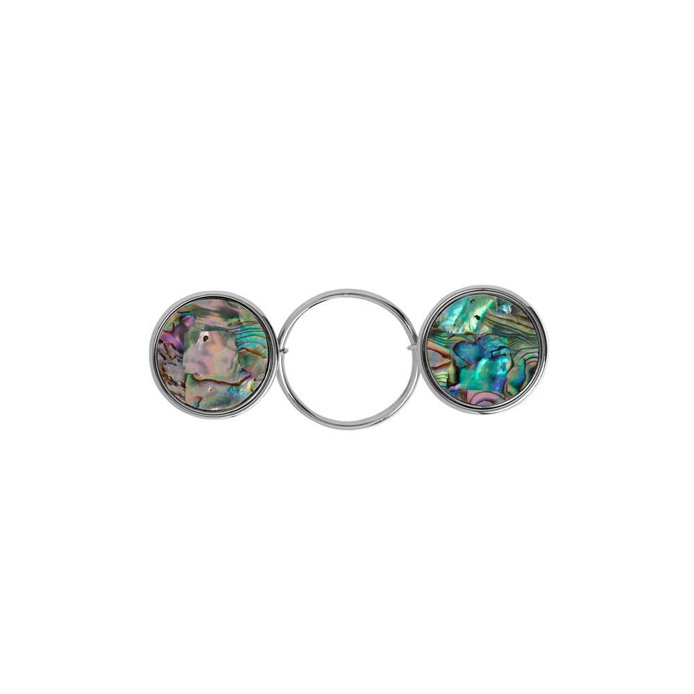 A silver-tone metal ring with two circular end caps featuring iridescent abalone shell inlay with shades of green, blue, and pink, set against a plain light gray background.
