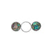 A silver-tone metal ring with two circular end caps featuring iridescent abalone shell inlay with shades of green, blue, and pink, set against a plain light gray background.
