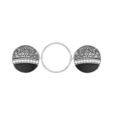 Embrace Fashion Fastener: Black/Silver with round disc charms featuring an ornate silver filigree top and a black lower section, shown on a plain white background.