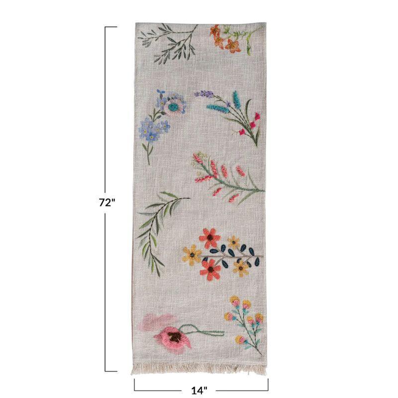 Floral embroidered runner with dimensions on a white background