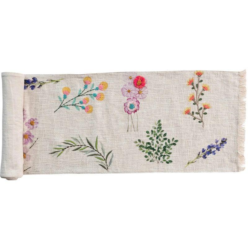 Embroidered Floral Table Runner – Cotton Slub Fringe 72"