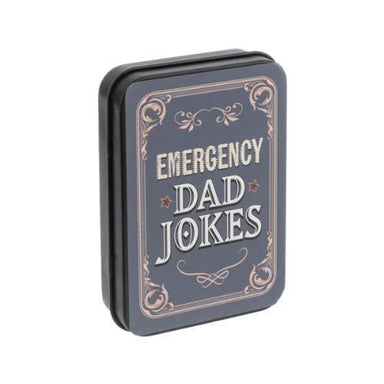 Tin box with 'Emergency Dad Jokes' text on a white background