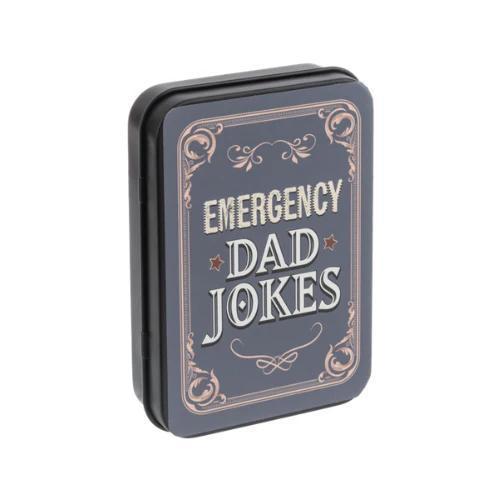 Tin box with 'Emergency Dad Jokes' text on a white background