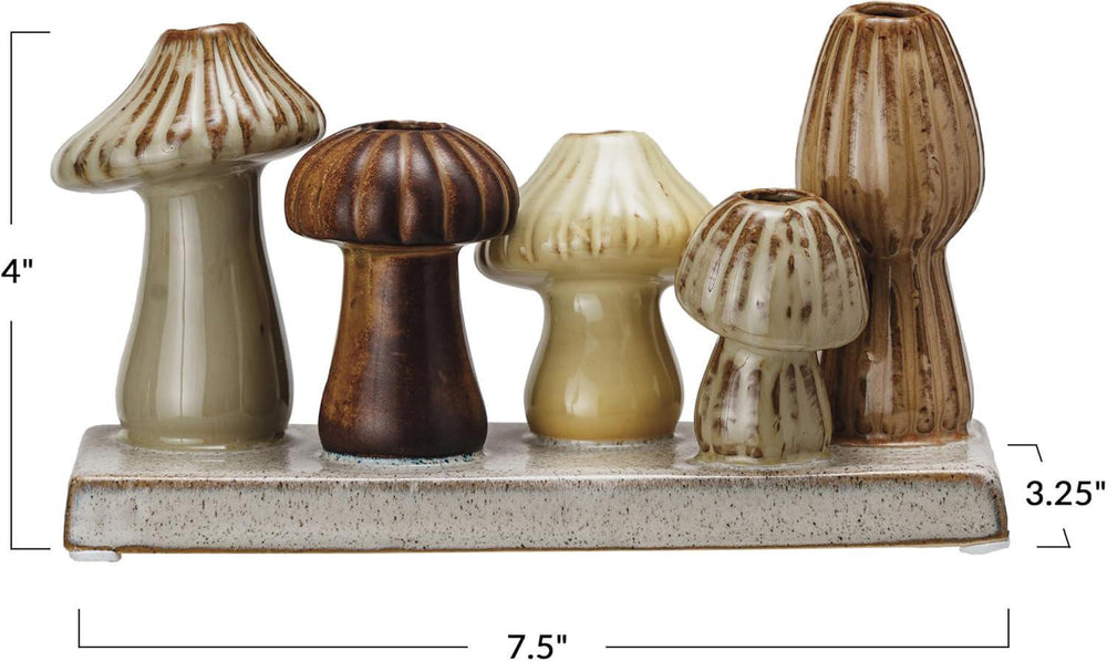 Set of five ceramic mushrooms on a base with measurements indicated.