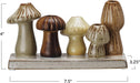 Set of five ceramic mushrooms on a base with measurements indicated.