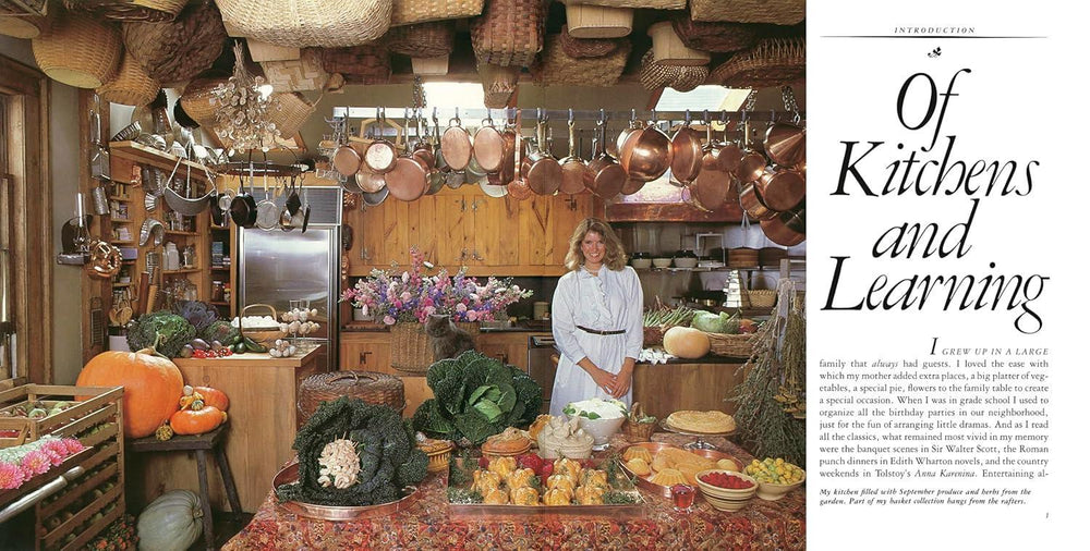 Vintage kitchen scene with a woman standing amidst vegetables and cooking utensils, with text on the right.
