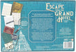 Back of an 'Escape from the Grand Hotel' board game packaging with text and illustrations.