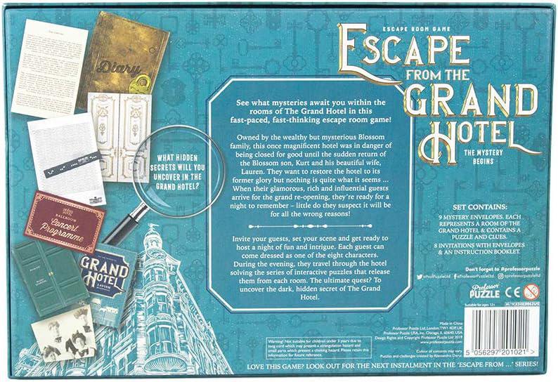Back of an 'Escape from the Grand Hotel' board game packaging with text and illustrations.