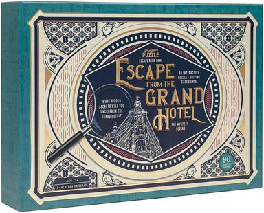 Box of 'Escape from the Grand Hotel' puzzle game with decorative design.