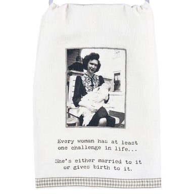 Towel with a black and white photo of a woman holding a baby and text on a white background
