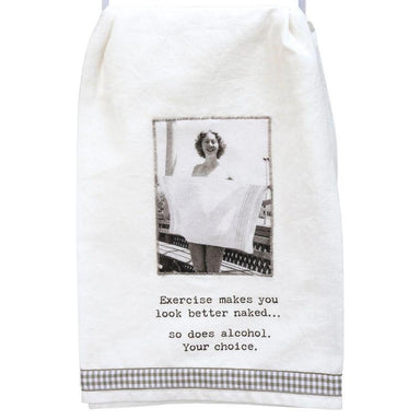 Towel with a black and white photo and text on a white background