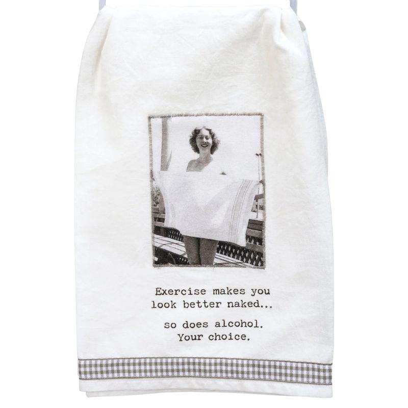 Towel with a black and white photo and text on a white background