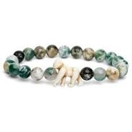 A beaded stretch bracelet made of polished green and white marbled stone beads, featuring a central white bone-like charm, shown on a plain white background.