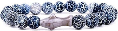 A beaded bracelet featuring dark blue and white crackled stone beads with a central gray fish-shaped bead, shown on a plain white background.