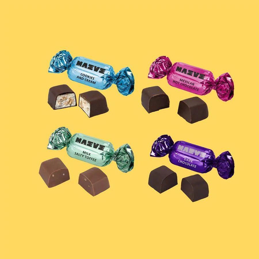 Assorted MAVE bombons on a yellow background