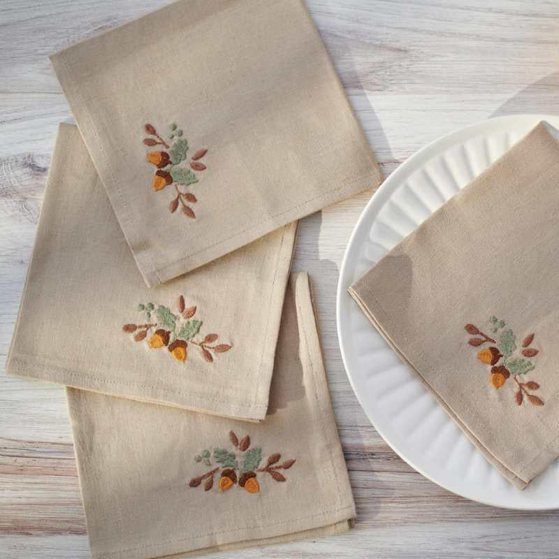 Fall Napkin Set – Embroidered Cotton-Linen, Set of 4 (15"x15")