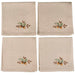Four beige napkins with embroidered acorn and leaf designs on a white background