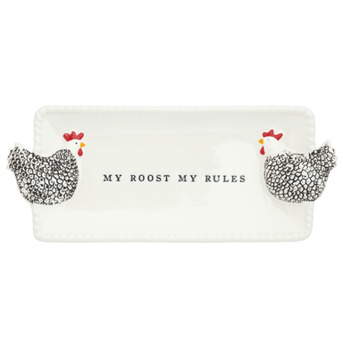 Rectangular plate with chicken designs and 'My Roost My Rules' text on a white background