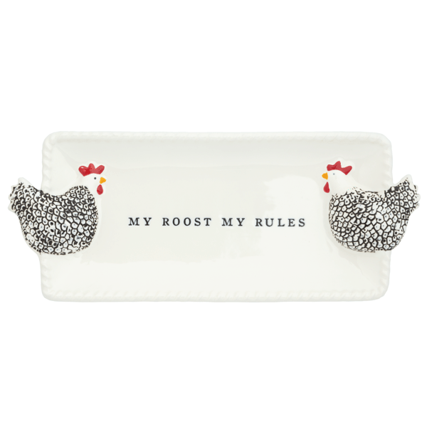 Rectangular plate with chicken designs and 'My Roost My Rules' text on a white background